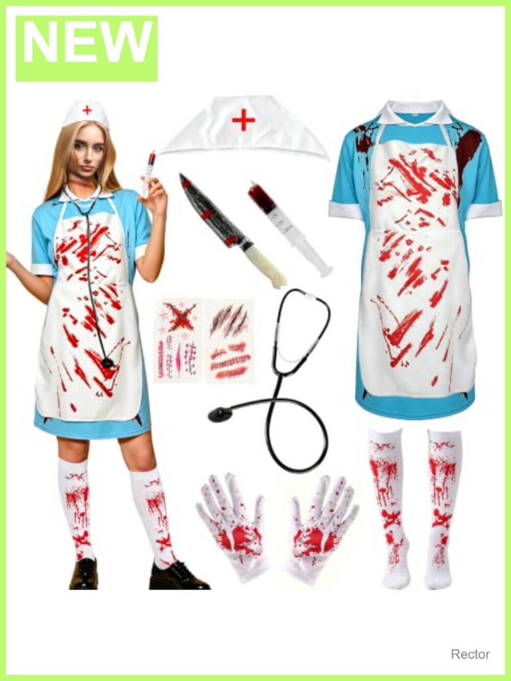 Bloody Nurse Halloween Costume 9-Piece Cosplay Set Polyester Horror Outfit